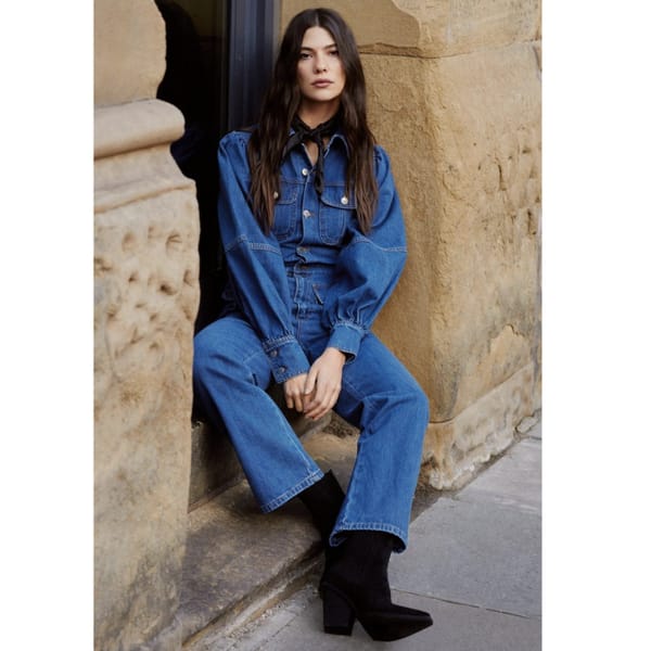 warehouse Denim Puff Sleeve Pocket Front Jumpsuit
