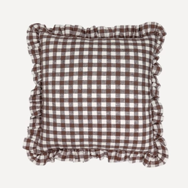 glassette REBECCA UDALL Ruffle Gingham Linen Square Cushion Cover Chocolate Brown - easy home update