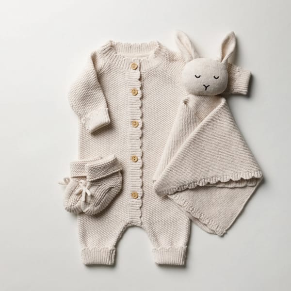 isla and fraser Organic Newborn Ultimate Gift Set - Oat Melange Scallop Knit - newborn baby gifts
