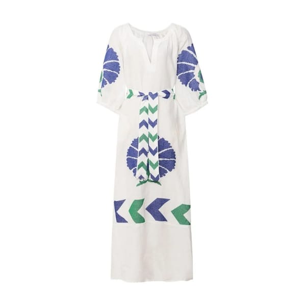 GREEK ARCHAIC KORI Linen Peacock Embroidered Maxi Dress - Grecian style