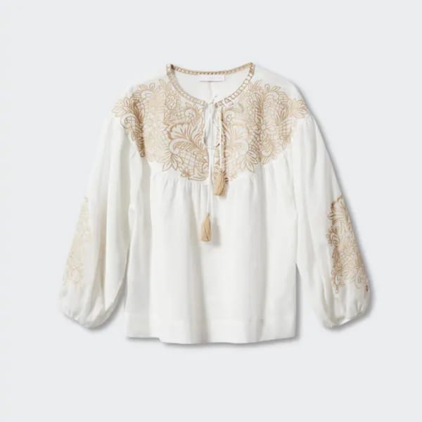 Mango Embroidered cord blouse white and gold - Grecian style