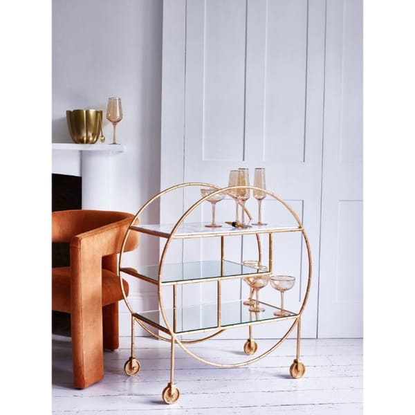 oliver bonas Luxe Round Bamboo Gold Drinks Trolley Bar Cart