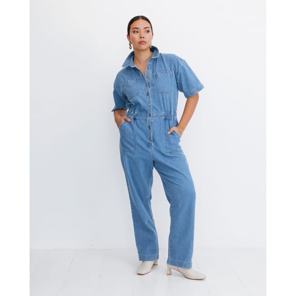 Short Sleeve Light Denim Blue Boilersuit - oliver bonas fashion