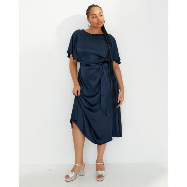 Crinkle Sleeve Navy Satin Midi Dress - oliver bonas fashion