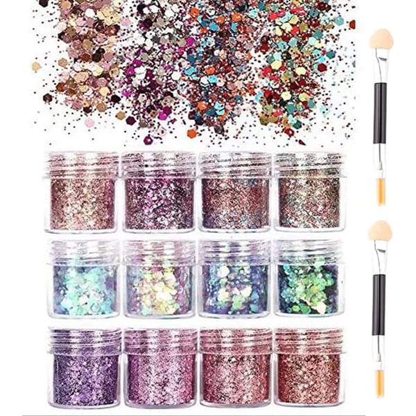 amazon 12 Colors Face Glitter, Holographic Festival Glitter Hair Glitter with 2 Pieces Double Head Brushes Chunky Body Glitter for Party - what to take to a festival