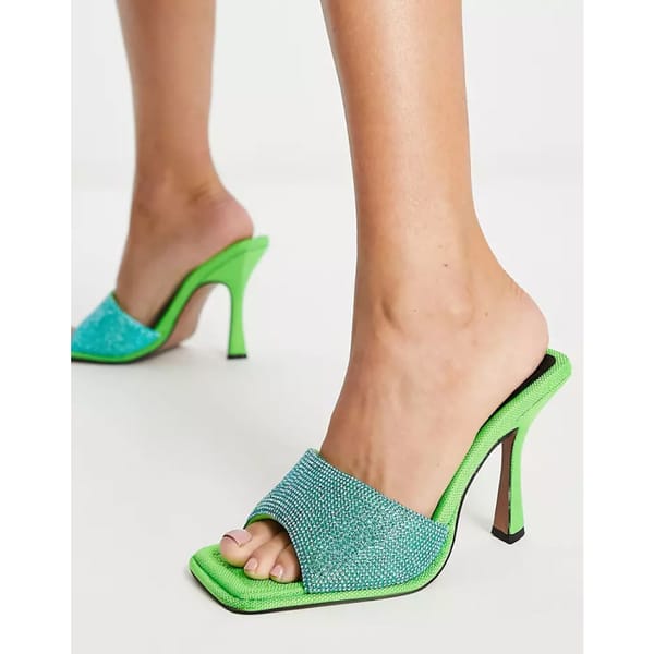 ASOS DESIGN Nessa embellished heeled mules in green and blue