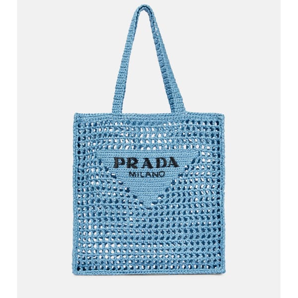 PRADA Logo raffia-effect shopper- striped shirts