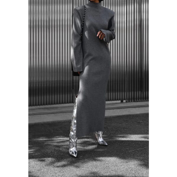 Signature High Neck Wool Slit Dress Graphite - quiet luxury