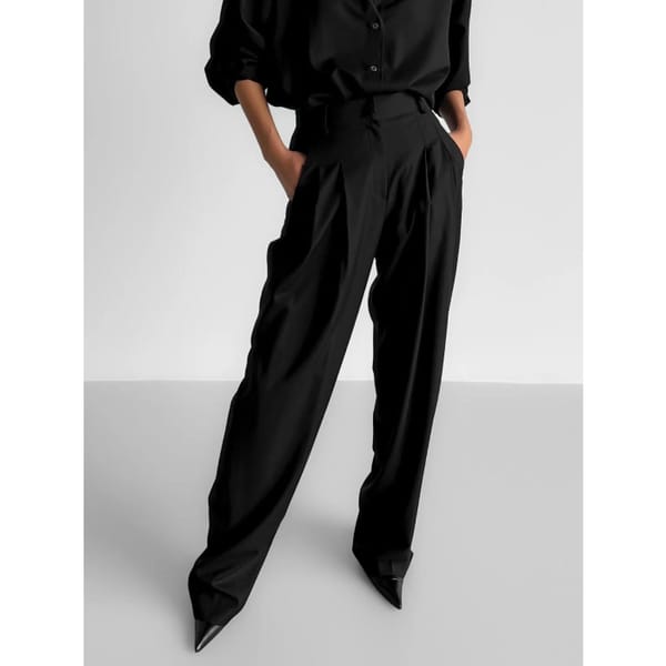 Wide Leg Tencel Wool Blend Pintuck Trousers Black - quiet luxury