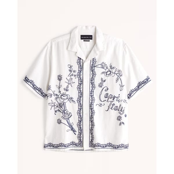 Camp Collar Summer Linen-Blend Embroidered Shirt