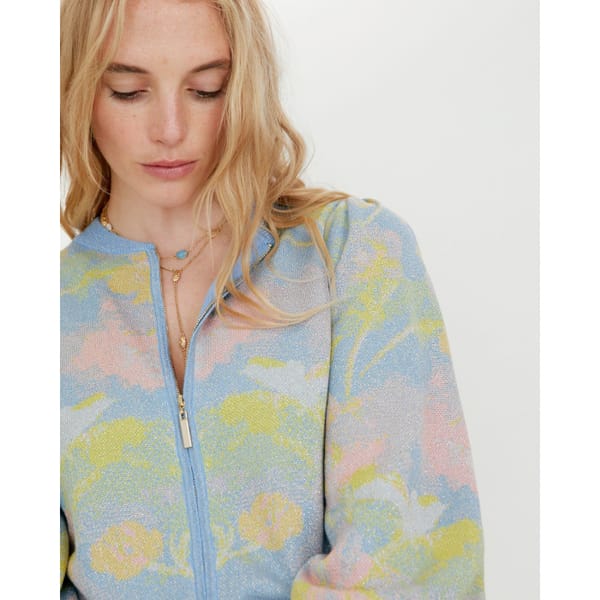 Floral Blue Knitted Bomber Jacket