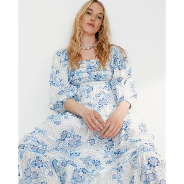 Floral Print Blue White Midi Dress