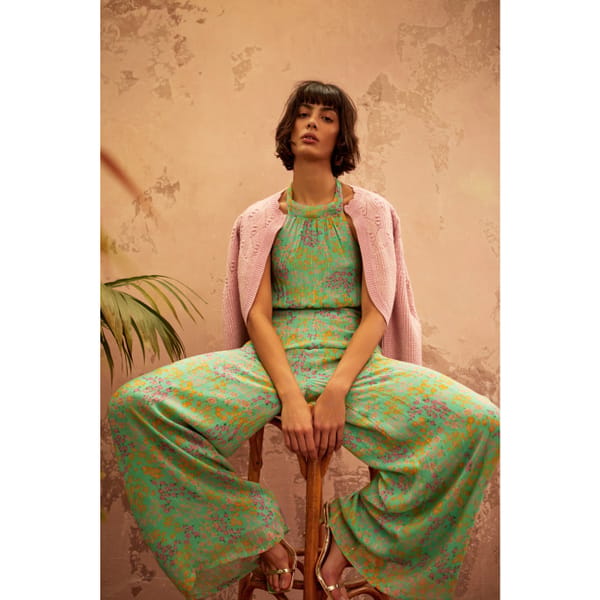 Metallic Floral Print Green Jumpsuit