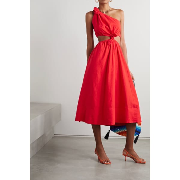 One Shoulder Cutout Linen Blend Midi Dress