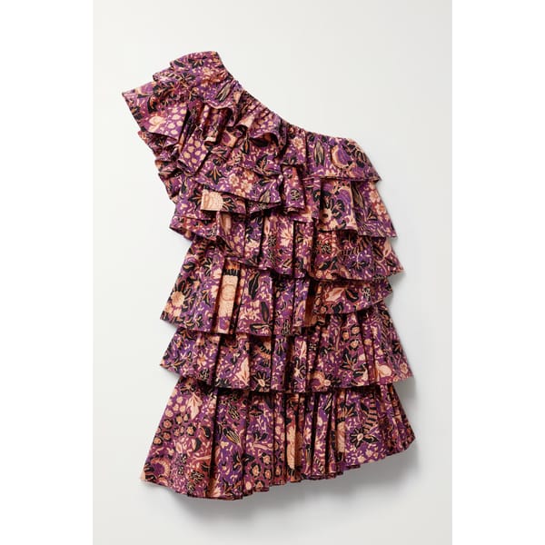 One Shoulder Ruffled Floral Print Cotton Poplin Mini Dress