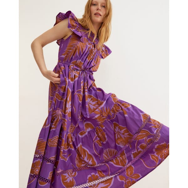 Palm Leaf Print Purple Midi Dress
