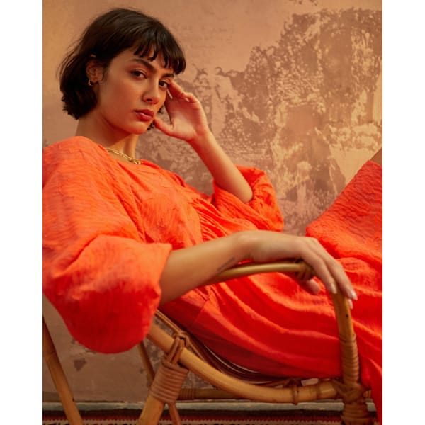 Textured Orange V Neck Mini Dress