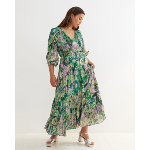 Tropical Floral Green Metallic Midi Dress
