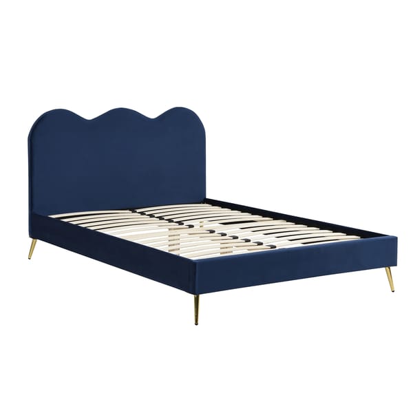 Gidea Velvet Upholstered Bed Frame with Scalloped Headboard With Golden Chrome Legs
