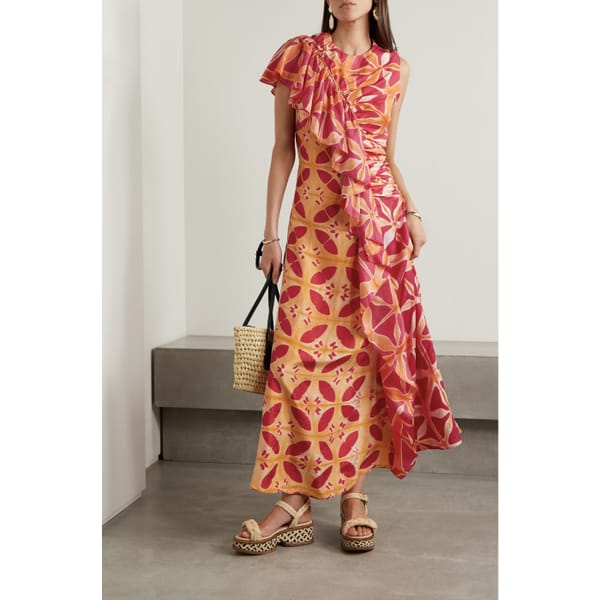 Lali ruched ruffled printed silk gown