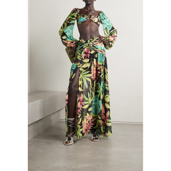 Pleated floral-print chiffon maxi skirt