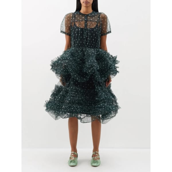 Minerva polka-dot tiered-peplum tulle midi dress
