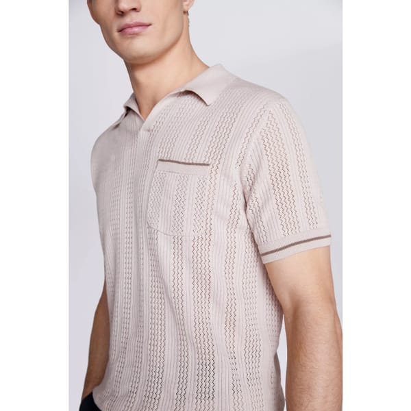 MOSS Taupe Cotton Open Knit Skipper Polo