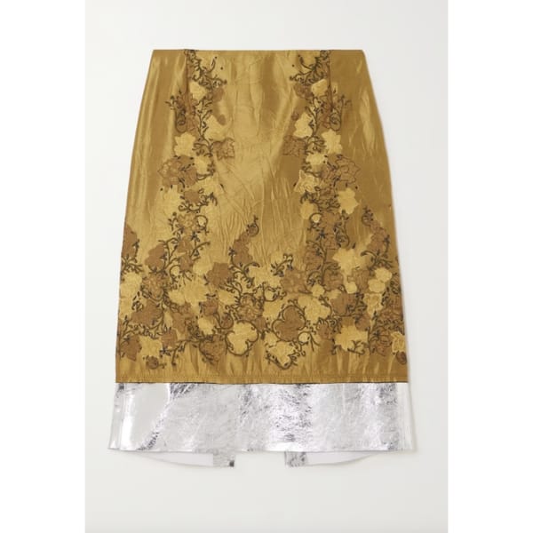 Metallic Leather-Trimmed Floral Brocade Midi Skirt