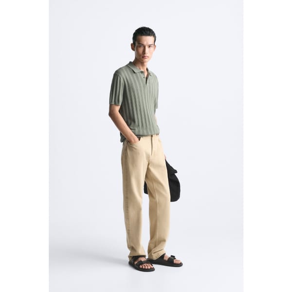 ZARA TEXTURED RIBBED KNIT POLO SHIRT