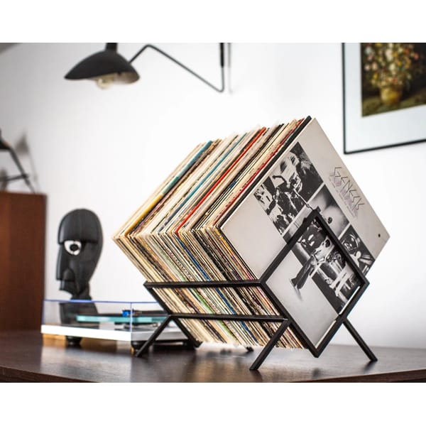 black frame vinyl record stand on table