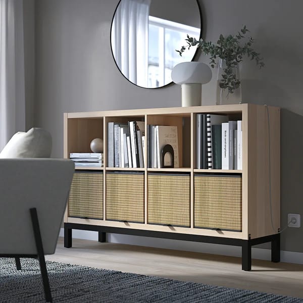 WHITE SHELVING UNIT WITH WICKER BOXES