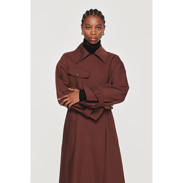 model wears brown trench coat