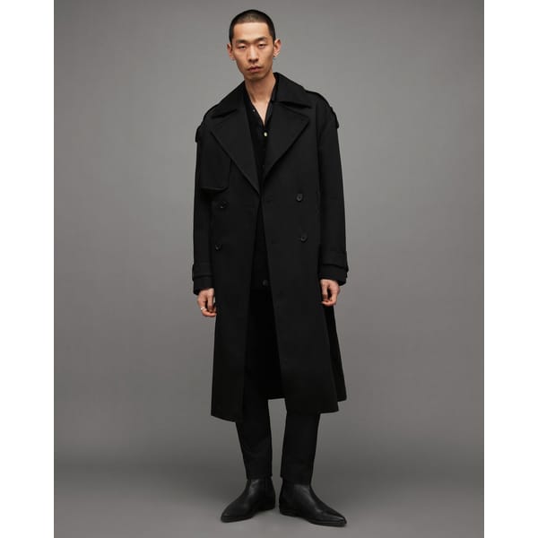 model wears black Spencer Oversized Belted Trench Coat