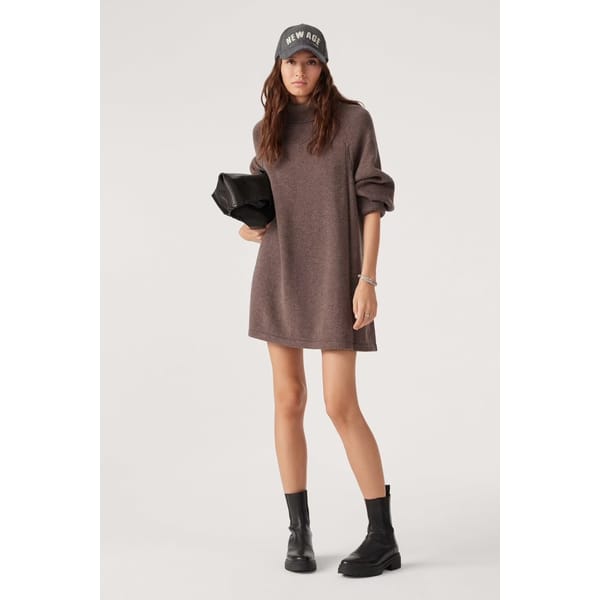 model wears brown SHORT DRESS copy