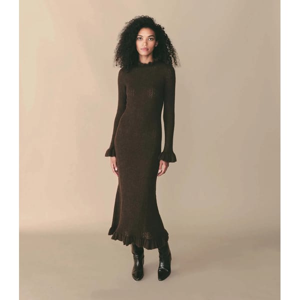 model wears brown wool midi dress