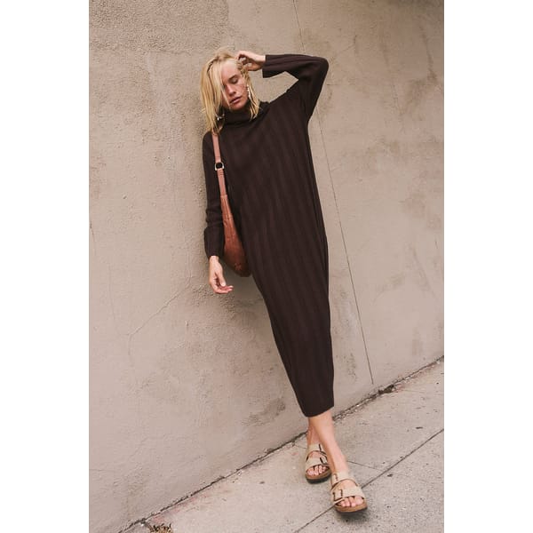 moel wears Wanda Sweater Dress in brown