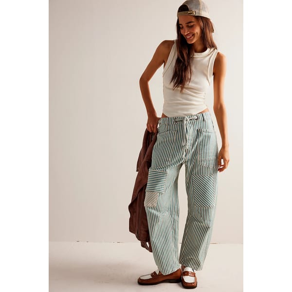 model wears striped jeans