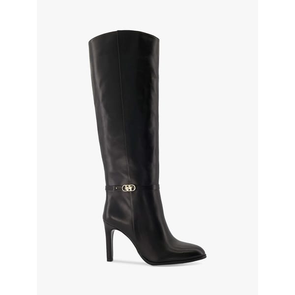 Dune Symbolic Leather Stiletto Knee Boots, Black