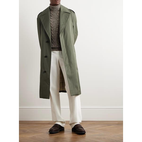 MODEL WEARS KHAKI LORO PIANA Nevado Belted Cotton-Twill Coat