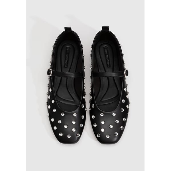 black Ballet Flats With Rhinestones & Ankle Strap