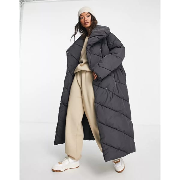 peached chevron longline puffer coat in charcoal