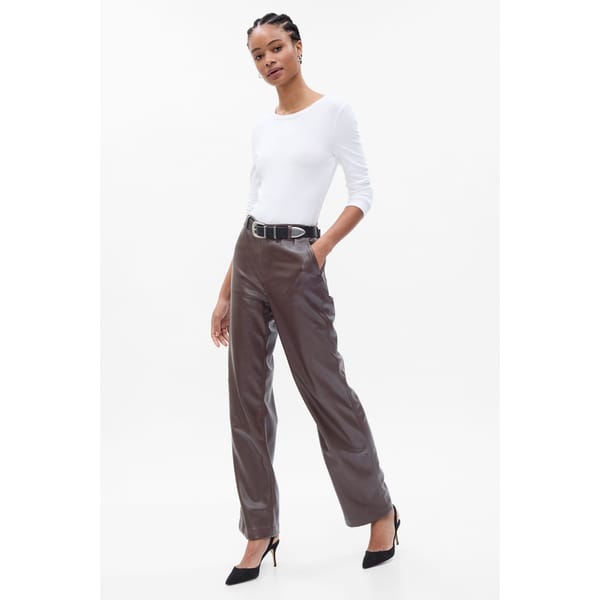 Mid Rise Faux-Leather Loose Trousers