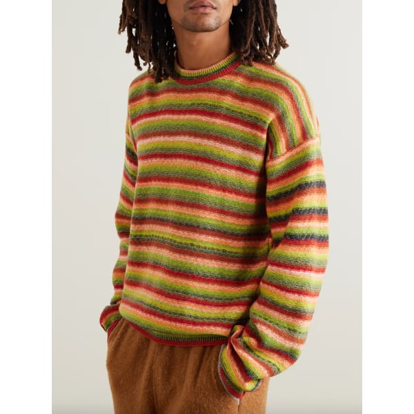 model wears ZEGNA X THE ELDER STATESMAN Striped Oasi Cashmere and Wool-Blend Sweater