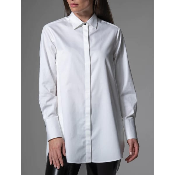 model wears white shirt