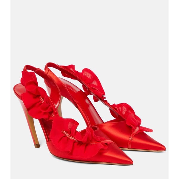 red Ruffle-trimmed satin slingback pumps