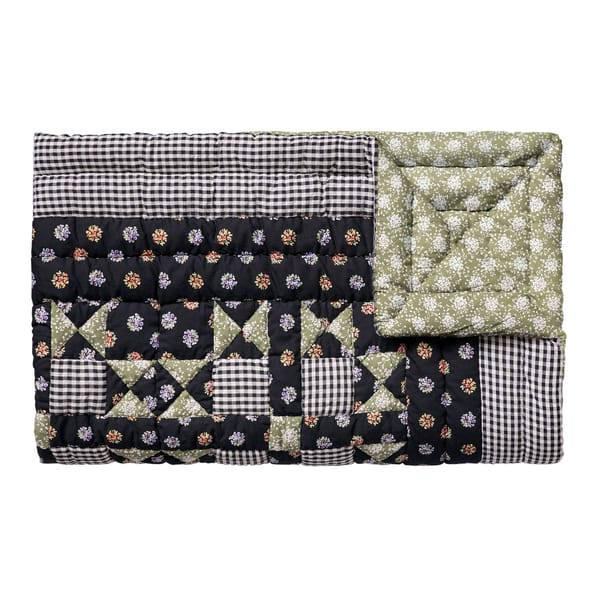 navy and grey patchwork quilt