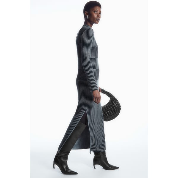 model wears grey ribbed knit dress