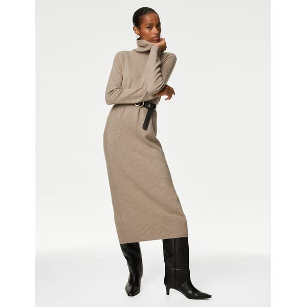 model wears beige knitted midi dress