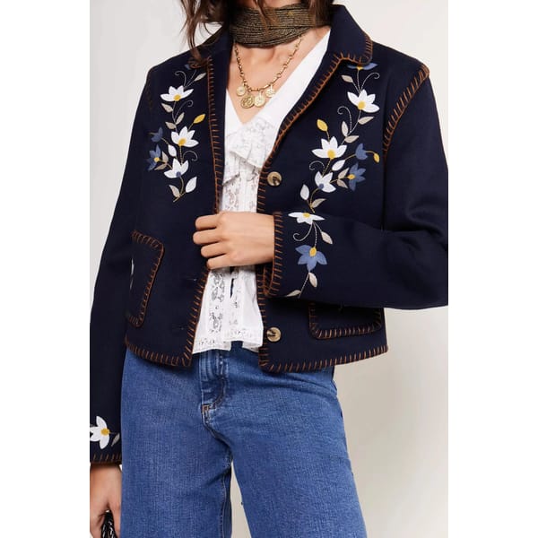 navy jacket with floral embroidery