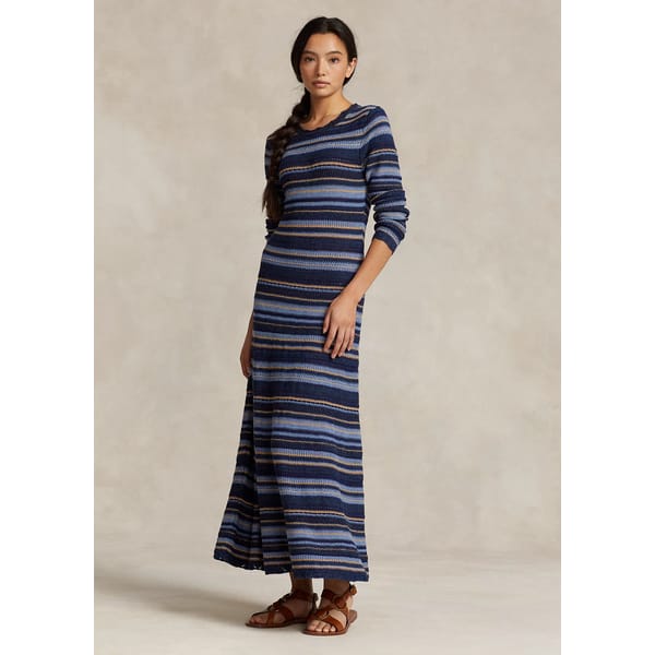 model wears blue striped maxi dress